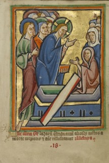 The Raising of Lazarus; Norfolk perhaps, written, East Anglia, England; illumination about 1190; written about 1490; Tempera