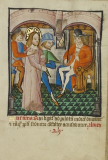 Christ Before Pilate; Norfolk perhaps, written, East Anglia, England; illumination about 1190; written about 1490; Tempera