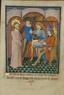 Pilate Washing His Hands; Norfolk perhaps, written, East Anglia, England; illumination about 1190; written about 1490; Tempera