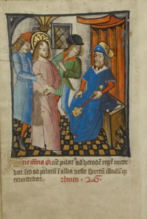 Christ Before Herod; Norfolk perhaps, written, East Anglia, England; about 1190 - 1200 and text about 1480 - 1490; Tempera