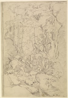 A Hunting Party; Franz Albert Venus, German, 1842 - 1871, Germany; about 1860 - 1866; Black ink and graphite, recto, graphite