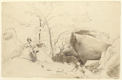 Fontainebleau, Figure Leaning Against a Rock; Jean-Baptiste-Camille Corot, French, 1796 - 1875, France; about 1830 - 1835; Pen