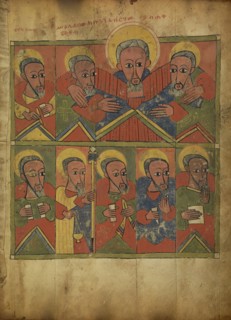 The Prophets with Abraham Embracing Isaac and Jacob; Ethiopia; about 1480 - 1520; Tempera on parchment; Leaf: 34.5 x 25.6 cm