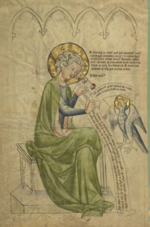 Saint John the Evangelist Writing; Hessen, Germany; about 1340–1350; Tempera colors, gold leaf, and ink on parchment; Leaf: 45.4