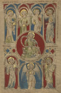Saint John the Evangelist surrounded by Seven Angels; or Cologne, Germany; about 1340 - 1350; Tempera colors, gold leaf, and ink