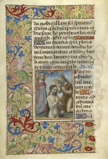 Baptism of Christ; Master of Cardinal Bourbon, French, about 1480 - 1500, Paris, France; about 1500; Tempera colors, ink