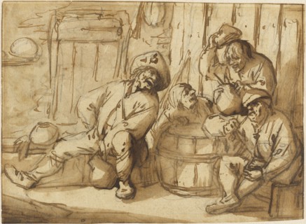 Peasants Drinking in a Tavern; Adriaen van Ostade, Dutch, 1610 - 1685, The Netherlands; early 1640s; Pen and brown ink and wash
