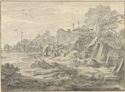 A Farmyard with Men Repairing a Wheel; Pieter Molijn, Dutch, 1595 - 1661, The Netherlands; 1654; Black chalk, gray wash