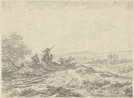 Dune Landscape with Shepherds; Nicolaes Berchem, Dutch, 1620 - 1683, The Netherlands; 1652; Black chalk and grey wash; 14.1