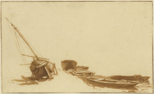 Boats on Shore and in Water; Jan de Bisschop, Dutch, 1628 - 1671, The Netherlands; 1648 - 1652; Pen and brown ink and wash