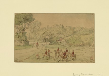 Landscape with Hunting Scene; Thomas Rowlandson, British, 1757 - 1827, England; 1780s; Brown ink, watercolor and black chalk