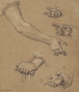 Studies of Hands; Alphonse Legros, British, born France, 1837 - 1911, France; n.d; Black and white chalk with touches of red