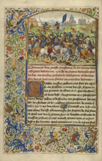 Gillion Defeating King Hector and Gillion Fighting with the Emir of Orbrie; Lieven van Lathem, Flemish, about 1430 - 1493