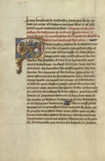 Initial Q: Gillion Defeating the King of Gibraltar; Lieven van Lathem, Flemish, about 1430 - 1493, David Aubert Flemish