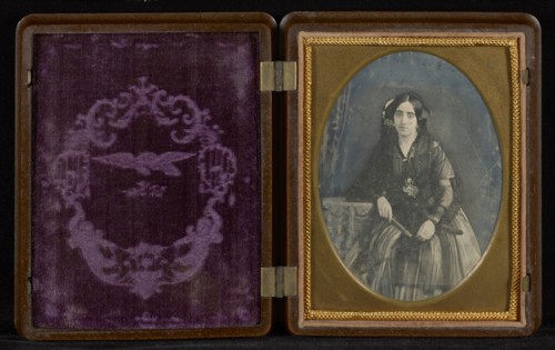 Portrait of Woman in Black with Fan; Mexico; about 1850s; Hand-colored Daguerreotype