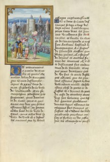 The Taking of Nevele; Master of the Getty Lalaing, Flemish, active about 1530, Belgium; about 1530; Tempera colors, gold leaf