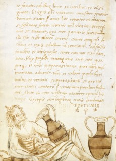 A reclining male figure and two vases, including an amphora, and text, Epitaphiorum liber, Giovio, Benedetto, 1471-1545, Brown