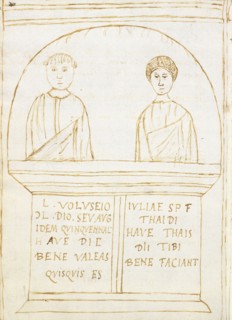 Roman funerary cippus with portrait busts of the deceased couple and an inscription in Latin, Epitaphiorum liber, Giovio