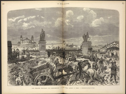 Les grands travaux de l'exposition: le pont d'Iéna surélevé et élargi, Férat, Wood engraving, 1878, Dessiné le 12 avril par M