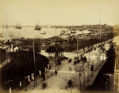 View of the Shanghai Bund and Huangpu River, Albumen, 188-?, Photographer unknown; attribution on mount to Sze-Yuen Ming