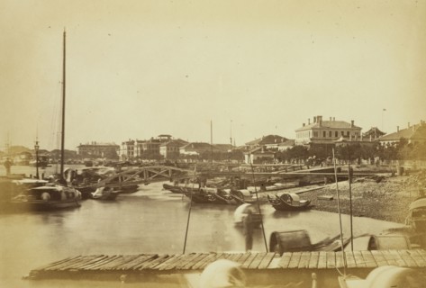 The river front, Shanghai, looking south from the P. and O. S. N. Co.'s landing stage, Albumen, 1876 August