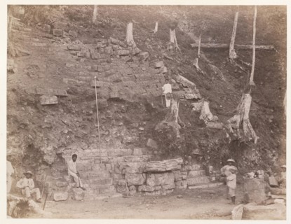 Workers surveying a stepped pyramid, Edmund Lincoln miscellaneous papers relating to the excavation of Maya ruins, circa 1880