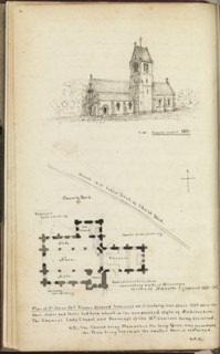 St. John's Church, Froome Selwood, Somerset, Eng., plan and view of exterior, The Quarry: autobiography, ca. 1873-1881, Giles