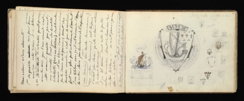 Sketchbook with manuscript notes Félix Bracquemond, Bracquemond, Félix, 1833-1914, pencil, pen, ink, and watercolor, ca. 1868