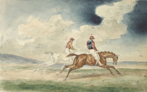 Sketchbook Carle Vernet, 1758-1836, pencil, ink, watercolor, studies of hunt scenes, horses, figures, and notes about the colors
