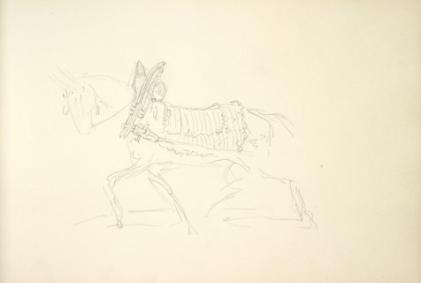 Sketchbook Carle Vernet, 1758-1836, pencil, ink, watercolor, studies of hunt scenes, horses, figures, and notes about the colors