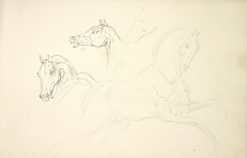 Sketchbook Carle Vernet, 1758-1836, pencil, ink, watercolor, studies of hunt scenes, horses, figures, and notes about the colors