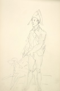 Sketchbook Carle Vernet, 1758-1836, pencil, ink, watercolor, studies of hunt scenes, horses, figures, and notes about the colors