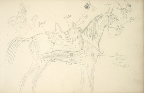 Sketchbook Carle Vernet, 1758-1836, pencil, ink, watercolor, studies of hunt scenes, horses, figures, and notes about the colors