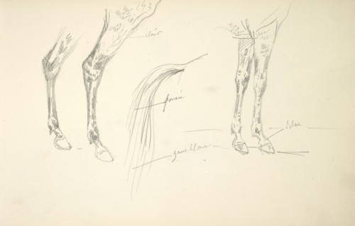 Sketchbook Carle Vernet, 1758-1836, pencil, ink, watercolor, studies of hunt scenes, horses, figures, and notes about the colors