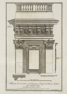 Finestra del terzo piano con cornicione e loggia del palazzo dell'Emmo. Sigre. Cardinale Chigi, Stvdio d'architettvra civile