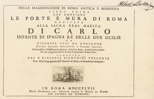 Frontispiece, volume 1, Delle magnificenze di Roma antica e moderna, Vasi, Giuseppe, 1710-1782, Engraving, 1747-1761