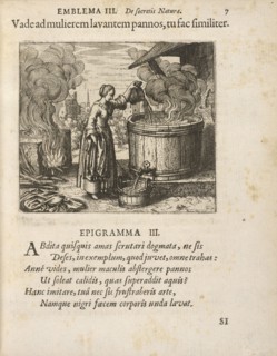 Emblema III: Vade ad mulierem lavantem pannos, tu fac similiter. Michaelis Majeri, Secretioris naturae secretorum scrutinium