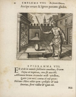 Emblema VIII: Accipe ovum and igneo percute gladio. Michaelis Majeri, Secretioris naturae secretorum scrutinium chymicum