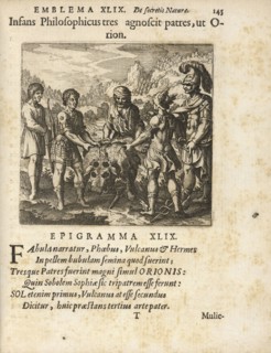 Emblema XLIX: Infans Philosophicus tres agnoscit patres, ut Orion. Michaelis Majeri, Secretioris naturae secretorum scrutinium