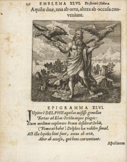 Emblem XLVI: Aquilae duae, una ab ortu, altera ab occasu conveniunt. Michaelis Majeri, Secretioris naturae secretorum scrutinium