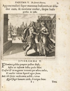 Emblema V: Appone mulieri super mammas bufonem, ut ablactet eum, and moriatur mulier, sitque bufo grossus de lacte., Michaelis