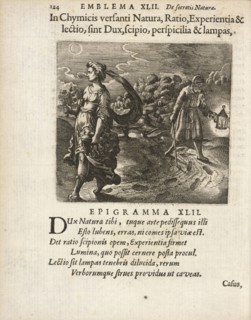 Emblema XLII: In Chymicis versanti Natura, Ratio, Experientia and lectio, sint Dux, scipio, Perspicilia and lampas. Michaelis