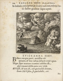 Emblema XXXIV: In balneis concipitur, and in aere nascitur, rubeus vero factus graditur super aquas. Michaelis Majeri