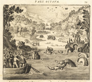 Capitain Gifford travelling in a canoe on the river of Lagartos witnessing a man being devoured by a serpen, Americae pars VIII