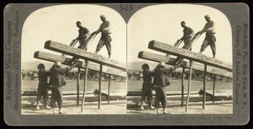 Sawing lumber in Manchuria, Keystone View Company, Gelatin silver, 1904 or 1905, Image taken during the Russo-Japanese war 1904