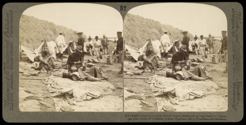China, Columbia's noble soldier boys- American giving water to Japanese after battle of Tientsin, China, Ricalton, James