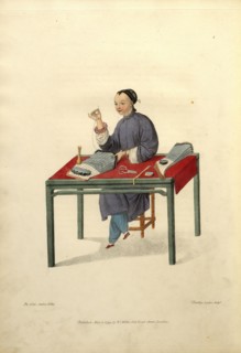 A woman making stockings, The costume of China, Dadley, J., Mason, George Henry, Pu-Qùa, Stipple engraving, hand-colored, 1800