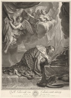 Portrait of Saint Louis, King of France, Edelinck, Gérard, 1640-1707, Le Brun, Charles, 1619-1690, Engraving, black-and-white