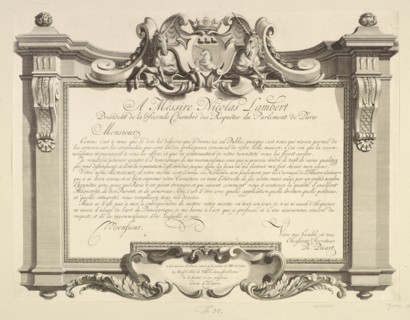 Dedication plate, Apotheosis of Hercules, Picart, Bernard, 1673-1733, 1713-1719, Dedication to Nicolas Lambert, signed by