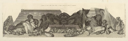 Relief surmounted by sphinxes and flanked by figures of Hercules with Cerberus and an apple of the Hesperides, Apotheosis